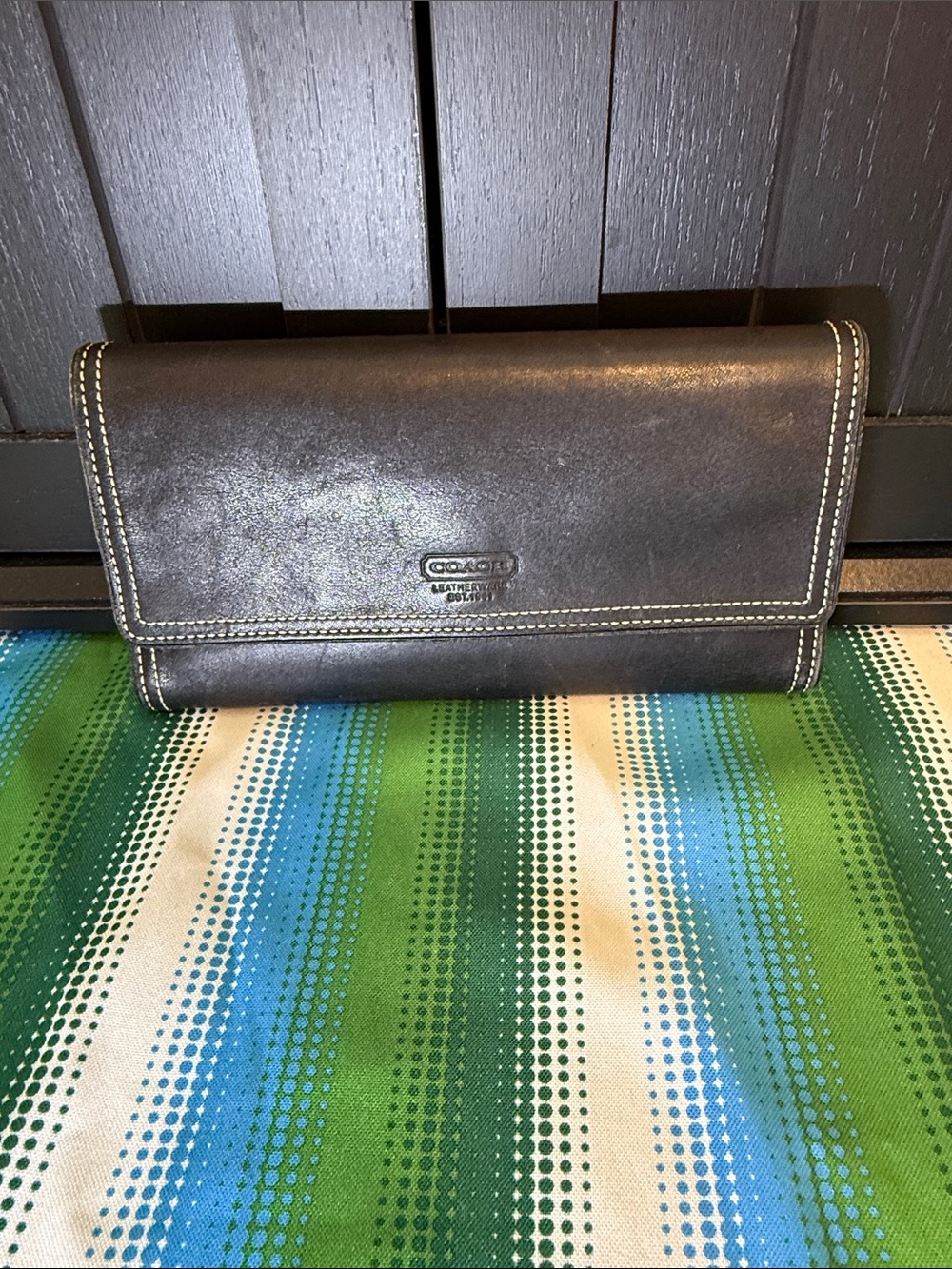 Vintage Coach Continental Black Leather Wallet with Contrast Stitching